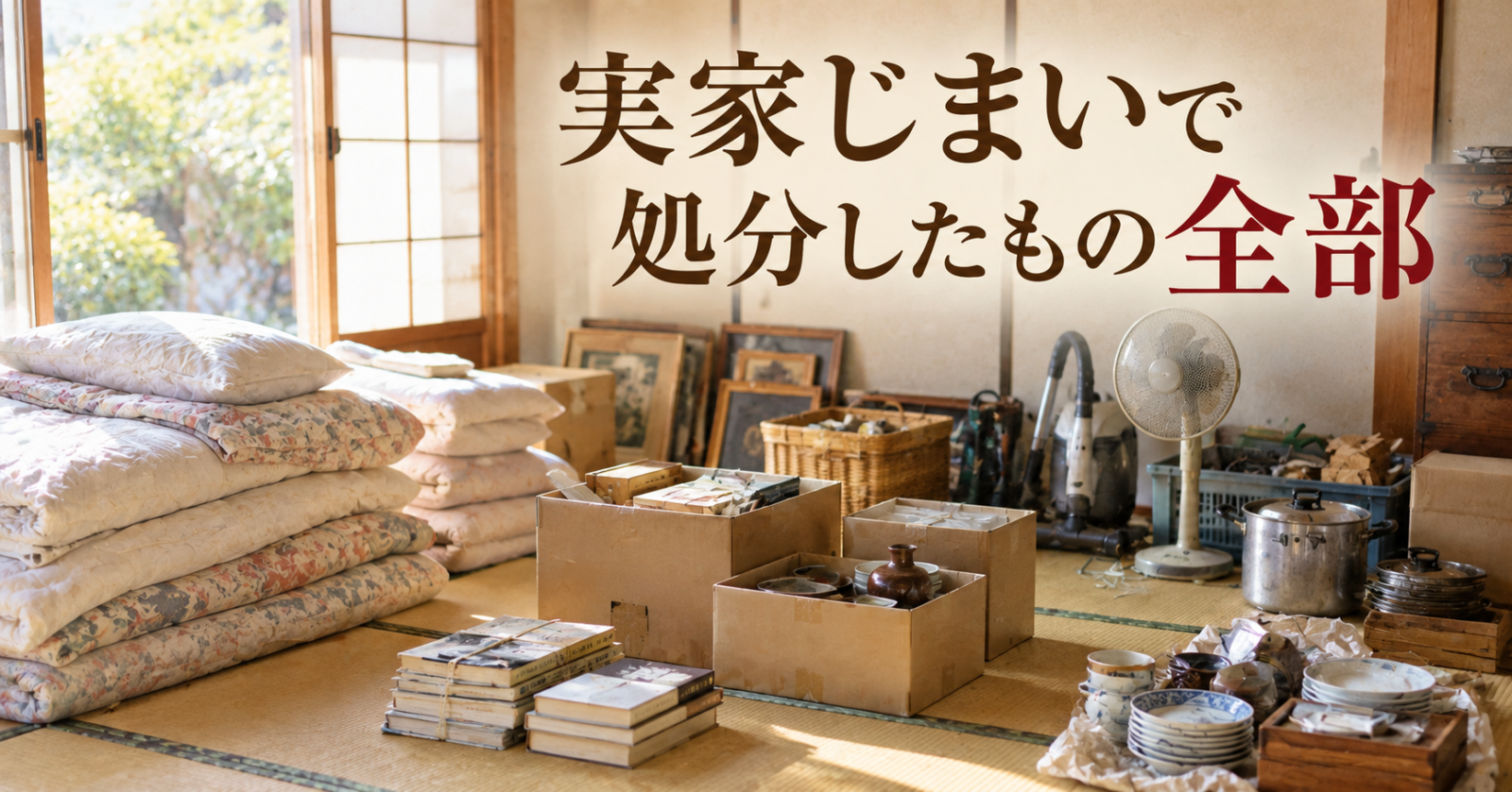 実家じまいで処分したものを品目ごとに分けて並べた和室