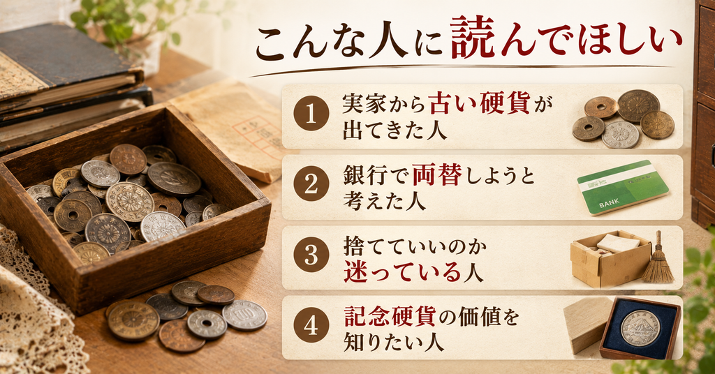 こんな人に読んでほしい　実家から古い硬貨が出てきた人　銀行で両替しようと考えた人　捨てていいのか迷っている人　記念硬貨の価値を知りたい人