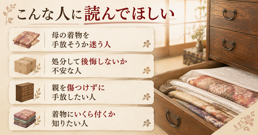 母の着物の処分の記事はこんな人に読んでほしい。母の着物を手放そうか迷う人、処分して後悔しないか不安な人、親を傷つけずに手放したい人、着物にいくら付くか知りたい人