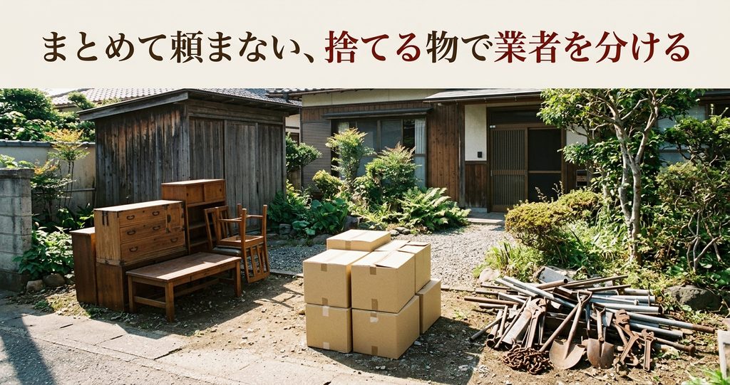 捨てる物によって業者を4つに分けた 庭先に種類ごとに分けて並べた不用品