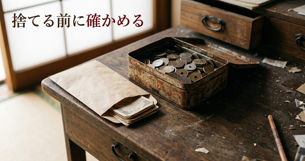 缶や封筒にまとめられた実家の古い小銭と外国のコイン
