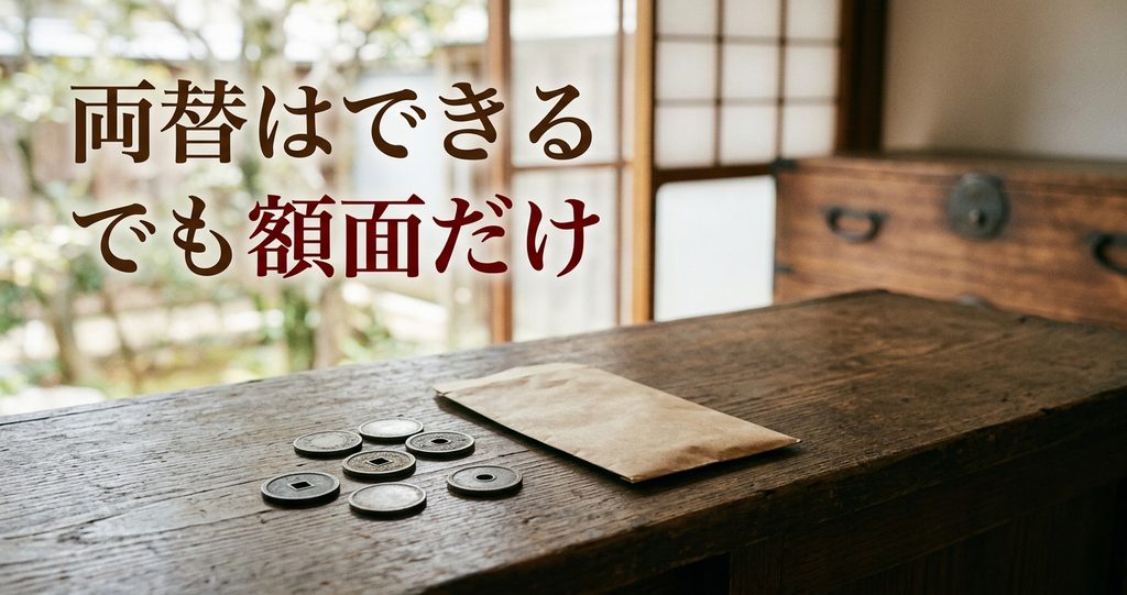 記念硬貨を銀行で両替する前のカウンターの硬貨と封筒