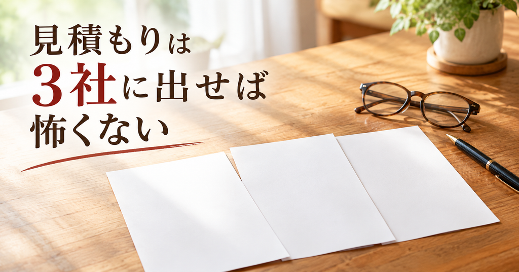 不用品回収のぼったくりは見積もりを3社に出せば防げる 机に並べた3枚の見積書