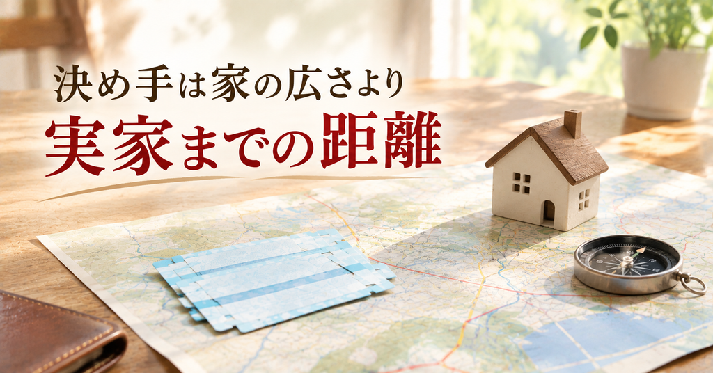 決め手は家の広さより実家までの距離 地図の上に置いた家の模型と新幹線の切符