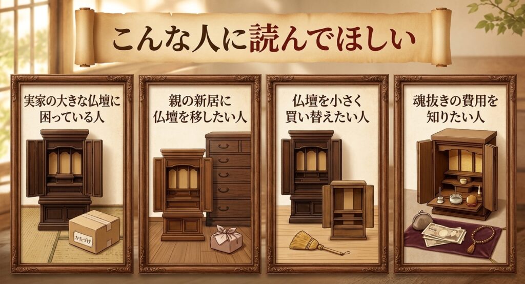 実家じまいの仏壇の記事はこんな人に読んでほしい。実家の大きな仏壇に困っている人、親の新居に仏壇を移したい人、仏壇を小さく買い替えたい人、魂抜きの費用を知りたい人