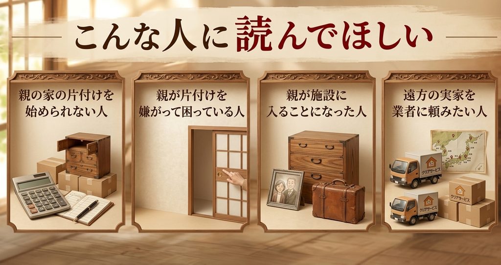 親の家の片付けの記事はこんな人に読んでほしい。親の家の片付けを始められない人、親が片付けを嫌がって困っている人、親が施設に入ることになった人、遠方の実家を業者に頼みたい人