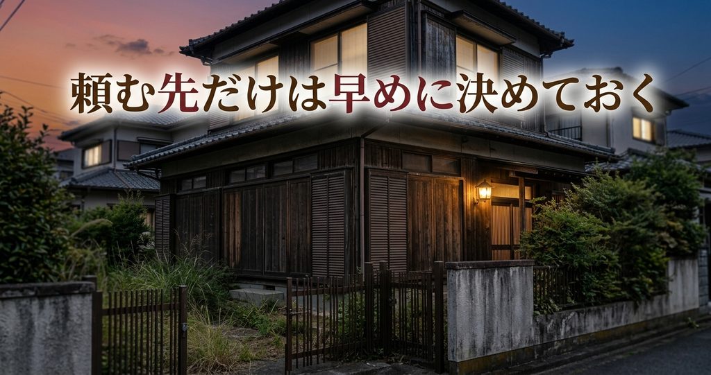 親の家の片付けは頼む先だけ早めに決めておく 夕暮れの実家の玄関灯