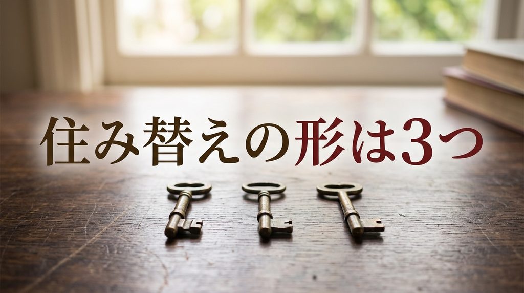 親の家の片付けは住み替えの形が3つ 机に並んだ3本の家の鍵