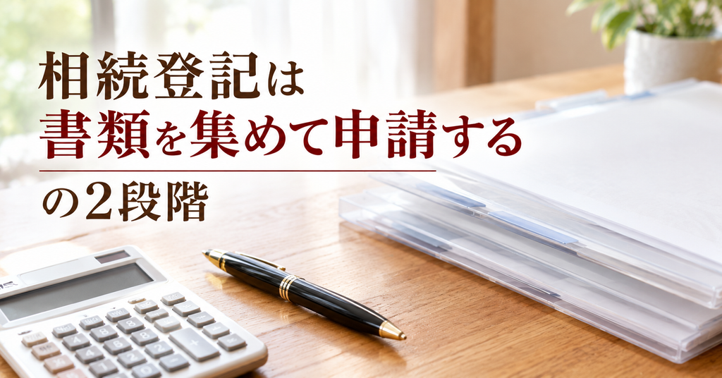 相続登記を自分で進める手順と費用 書類を集めて申請するの2段階 机に重ねたクリアファイルと電卓