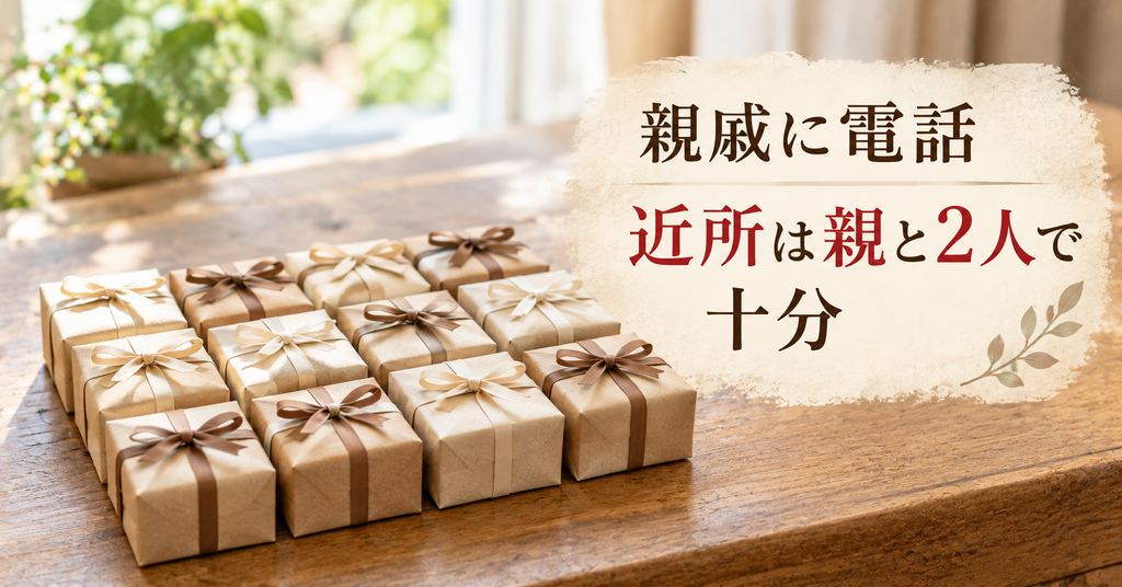 実家じまいの挨拶は親戚に電話・近所に親と2人で十分だった 近所に配るために並べた12個の包み